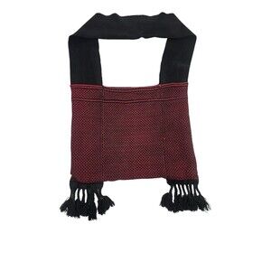 Hippie Boho Crossbody Handbag Tote Maroon Black Cloth Fringe Wide Strap Pocket